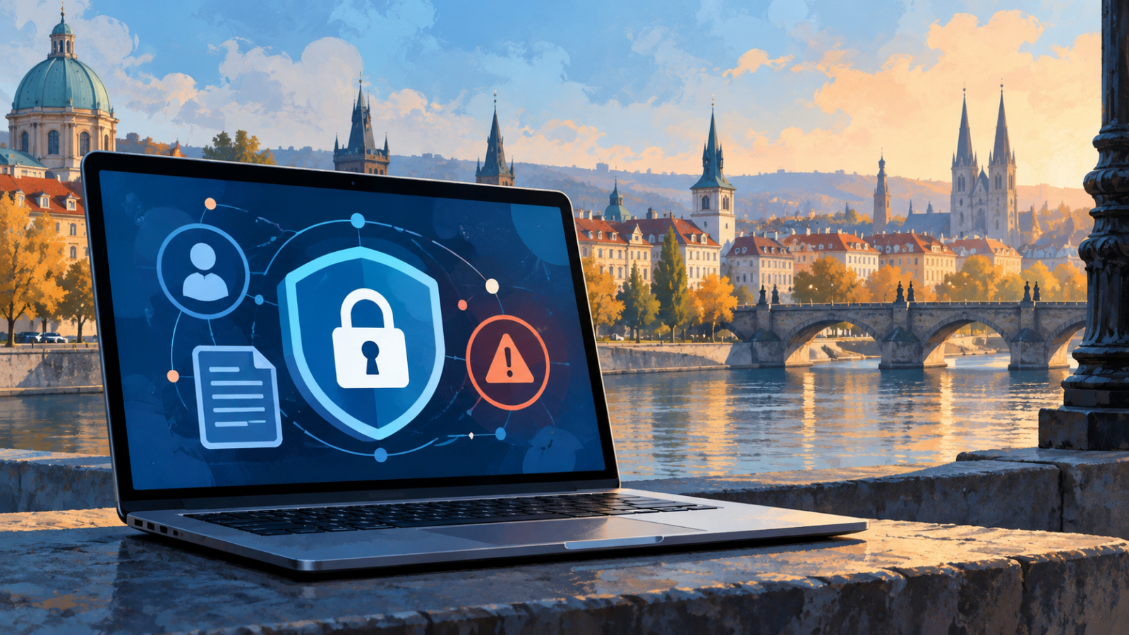 Conceptual laptop with privacy-lock and incident-reporting icons.