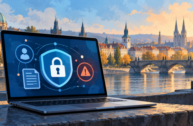 Conceptual laptop with privacy-lock and incident-reporting icons.