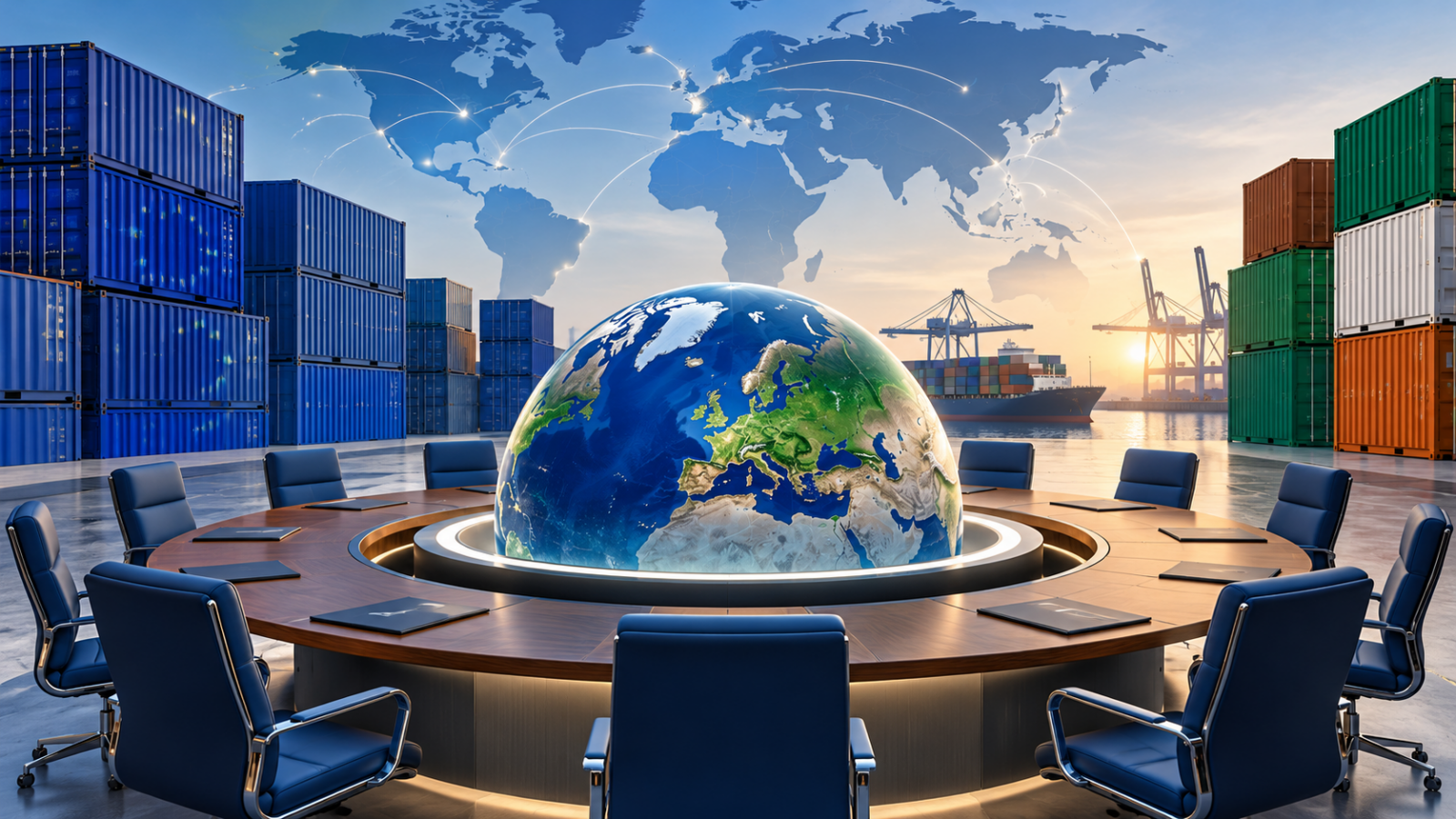 Conceptual illustration of cargo containers, a globe and a trade negotiation table.
