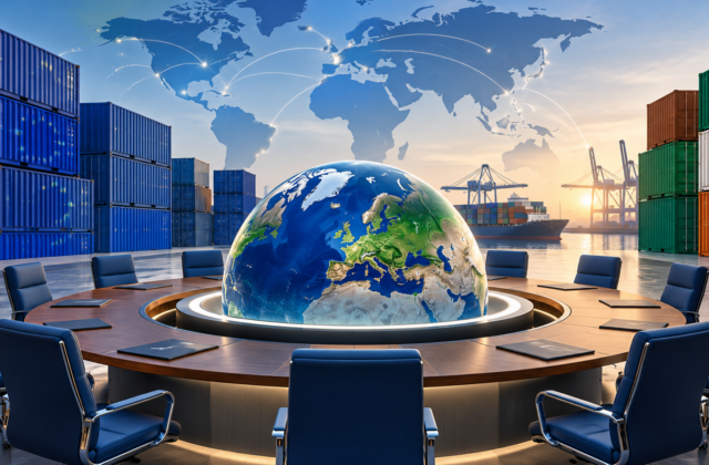 Conceptual illustration of cargo containers, a globe and a trade negotiation table.