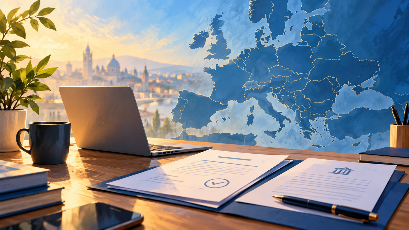 Conceptual startup desk with digital registration documents and a map of Europe.