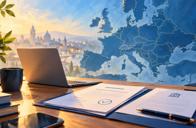 Conceptual startup desk with digital registration documents and a map of Europe.