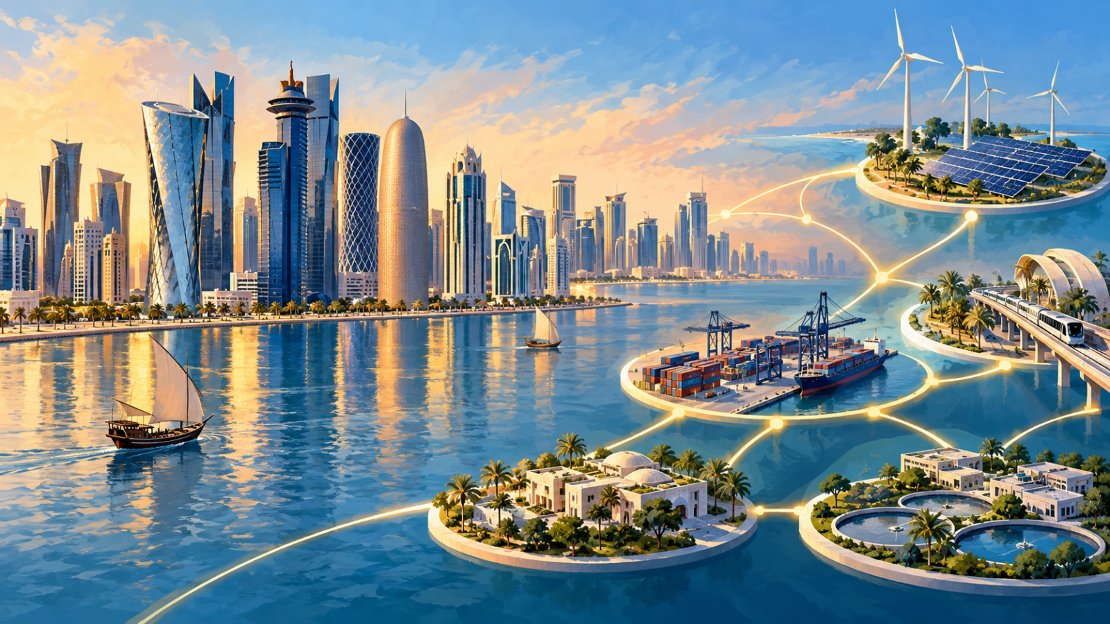 Conceptual Doha waterfront with investment connections and infrastructure models.