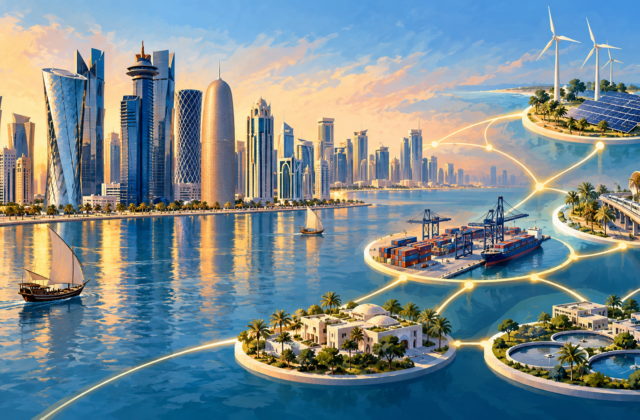 Conceptual Doha waterfront with investment connections and infrastructure models.