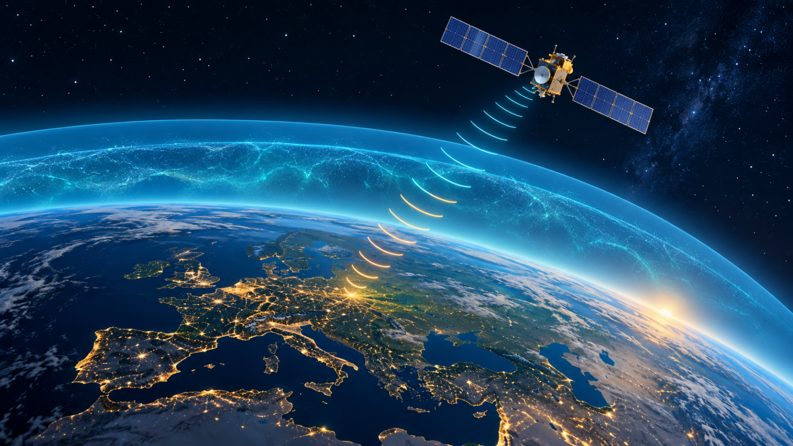 Illustration of navigation satellite signals passing through a glowing atmospheric layer toward Earth.