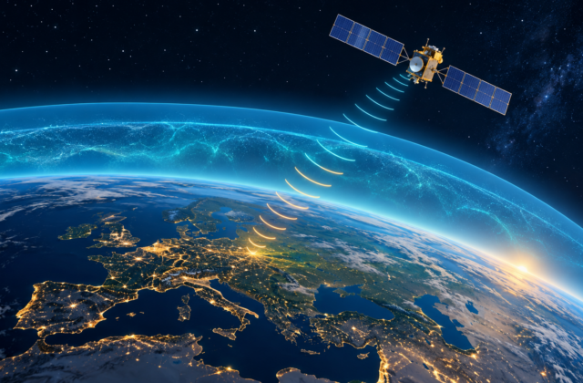 Illustration of navigation satellite signals passing through a glowing atmospheric layer toward Earth.