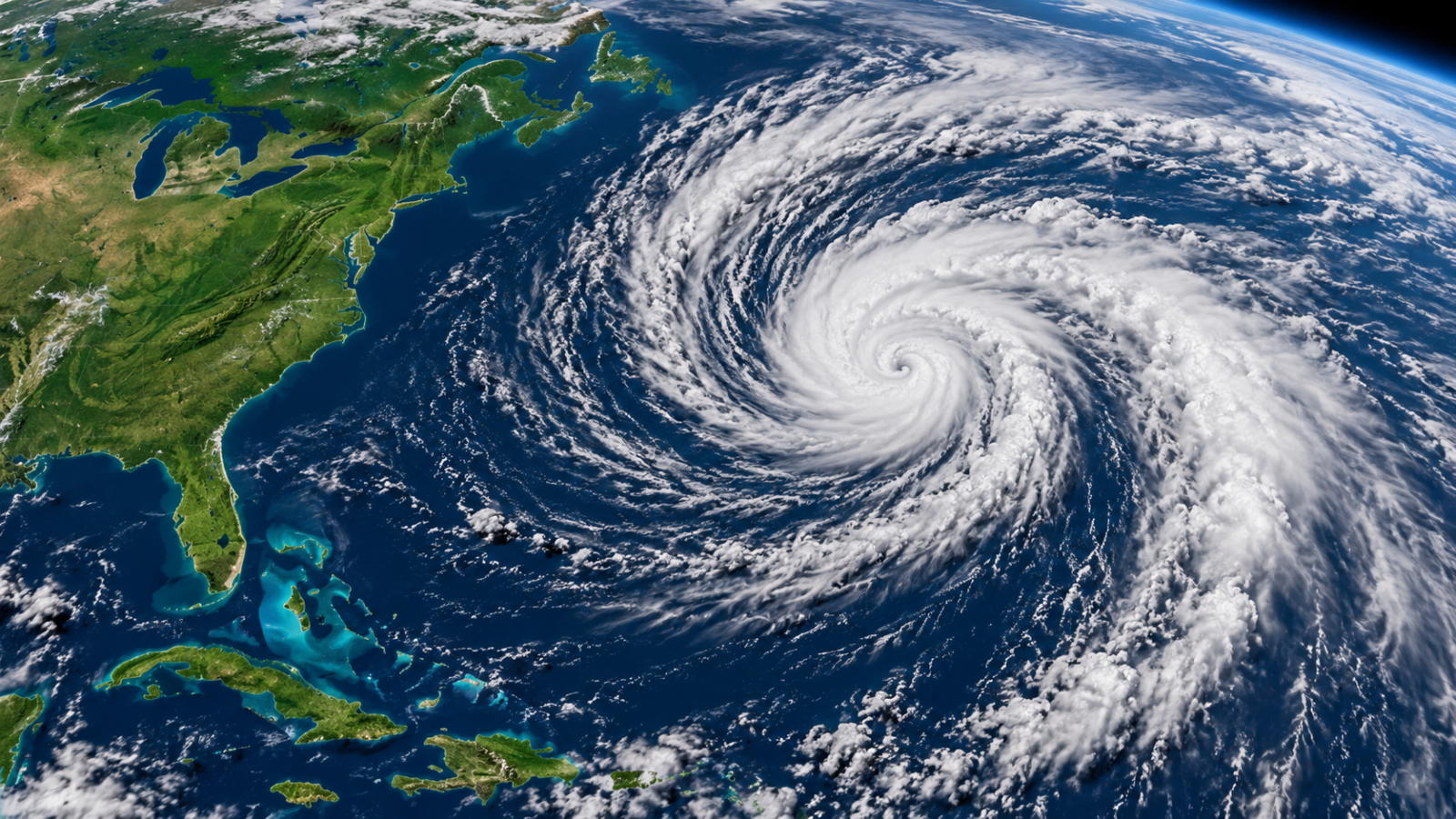 Conceptual illustration of an asymmetric Atlantic storm viewed from space, not satellite data.