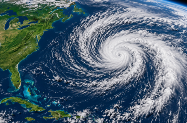 Conceptual illustration of an asymmetric Atlantic storm viewed from space, not satellite data.