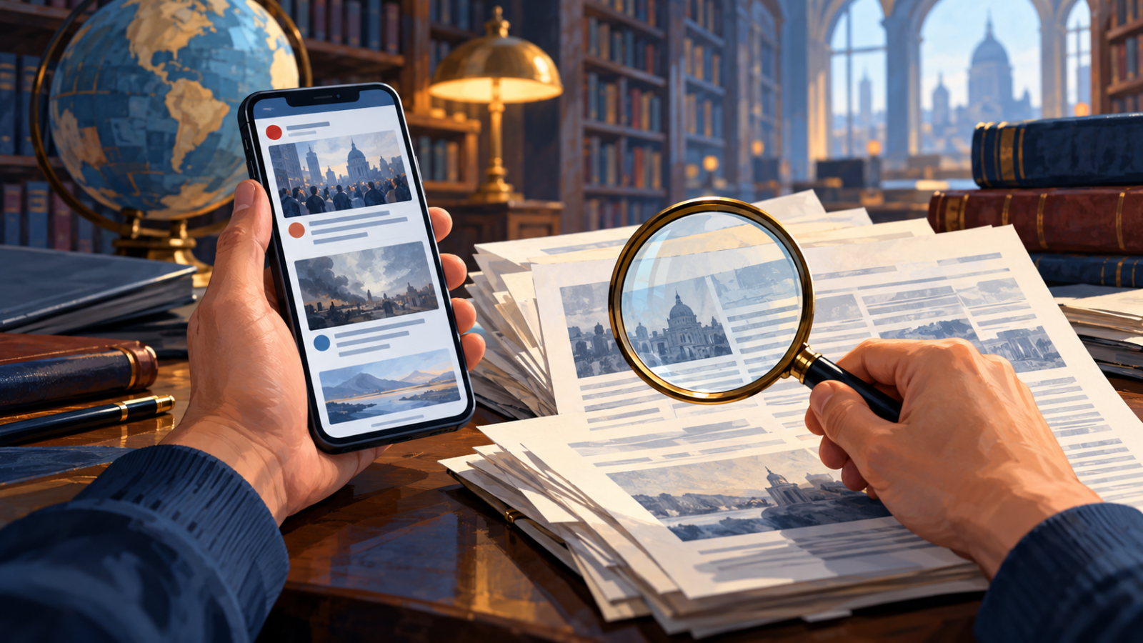 Conceptual hands checking a phone news feed against documents with a magnifying glass.