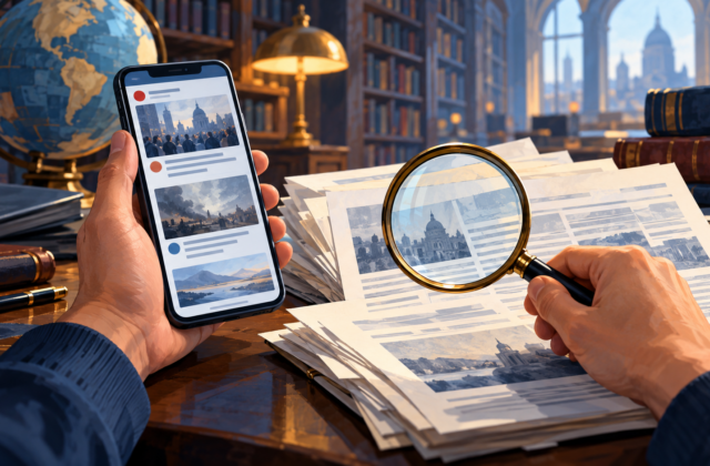 Conceptual hands checking a phone news feed against documents with a magnifying glass.