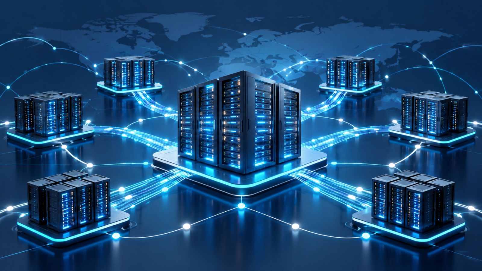 Conceptual illustration of server racks and balanced data routes for AI workloads.