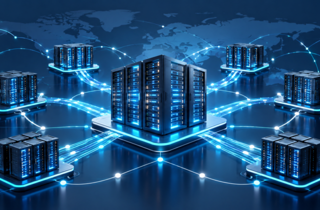 Conceptual illustration of server racks and balanced data routes for AI workloads.
