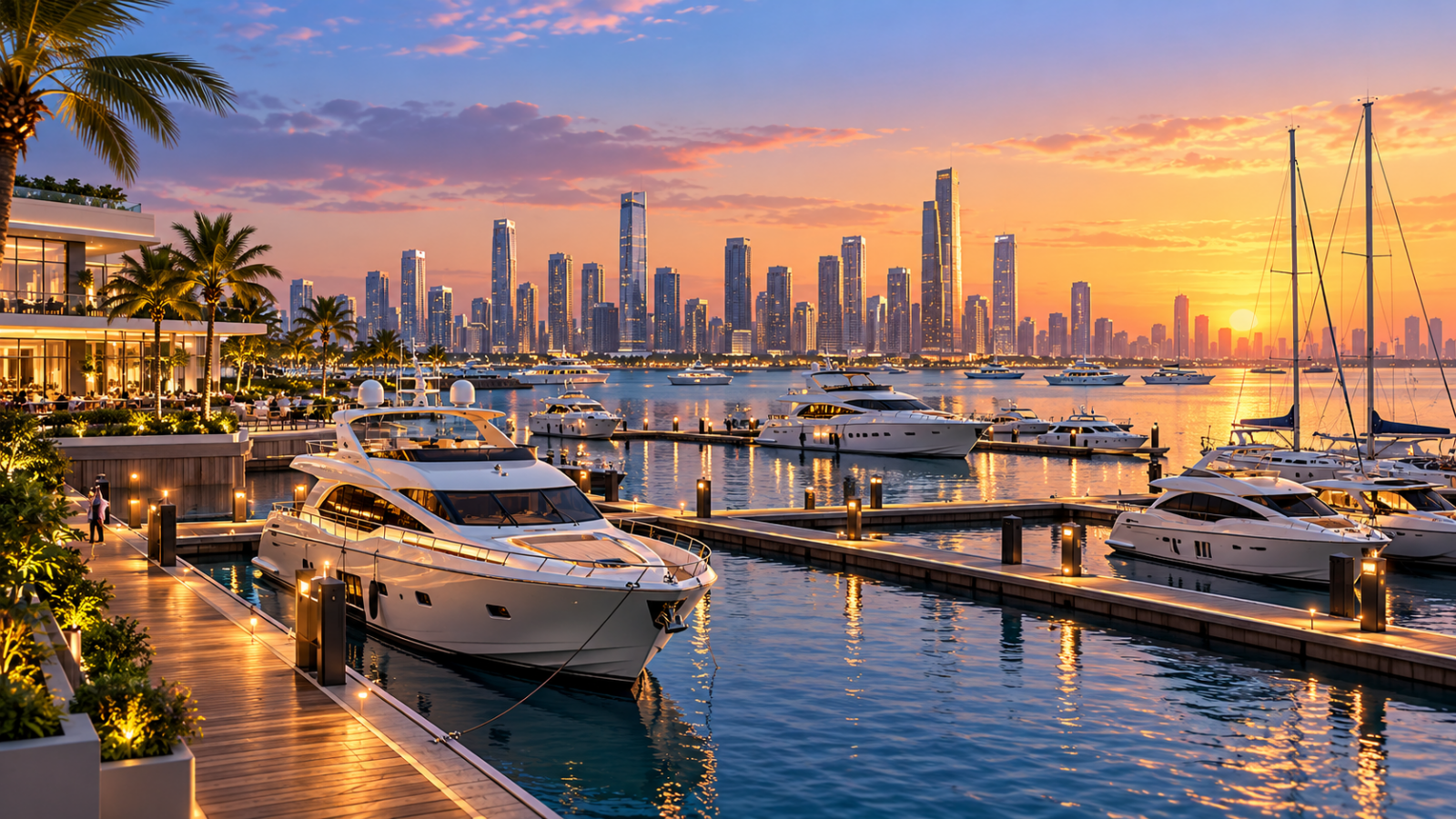 Conceptual illustration of yachts and pontoons at an urban waterfront, not the approved project design.