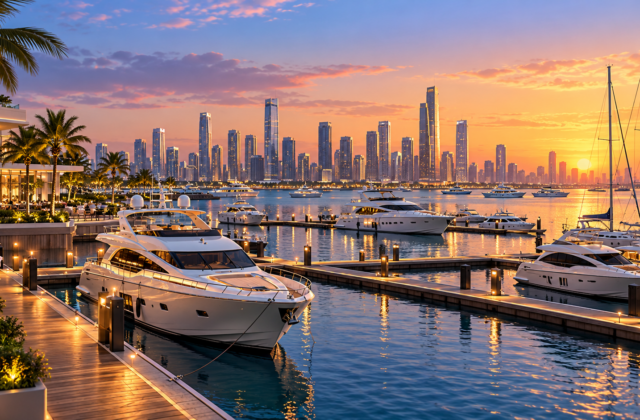 Conceptual illustration of yachts and pontoons at an urban waterfront, not the approved project design.