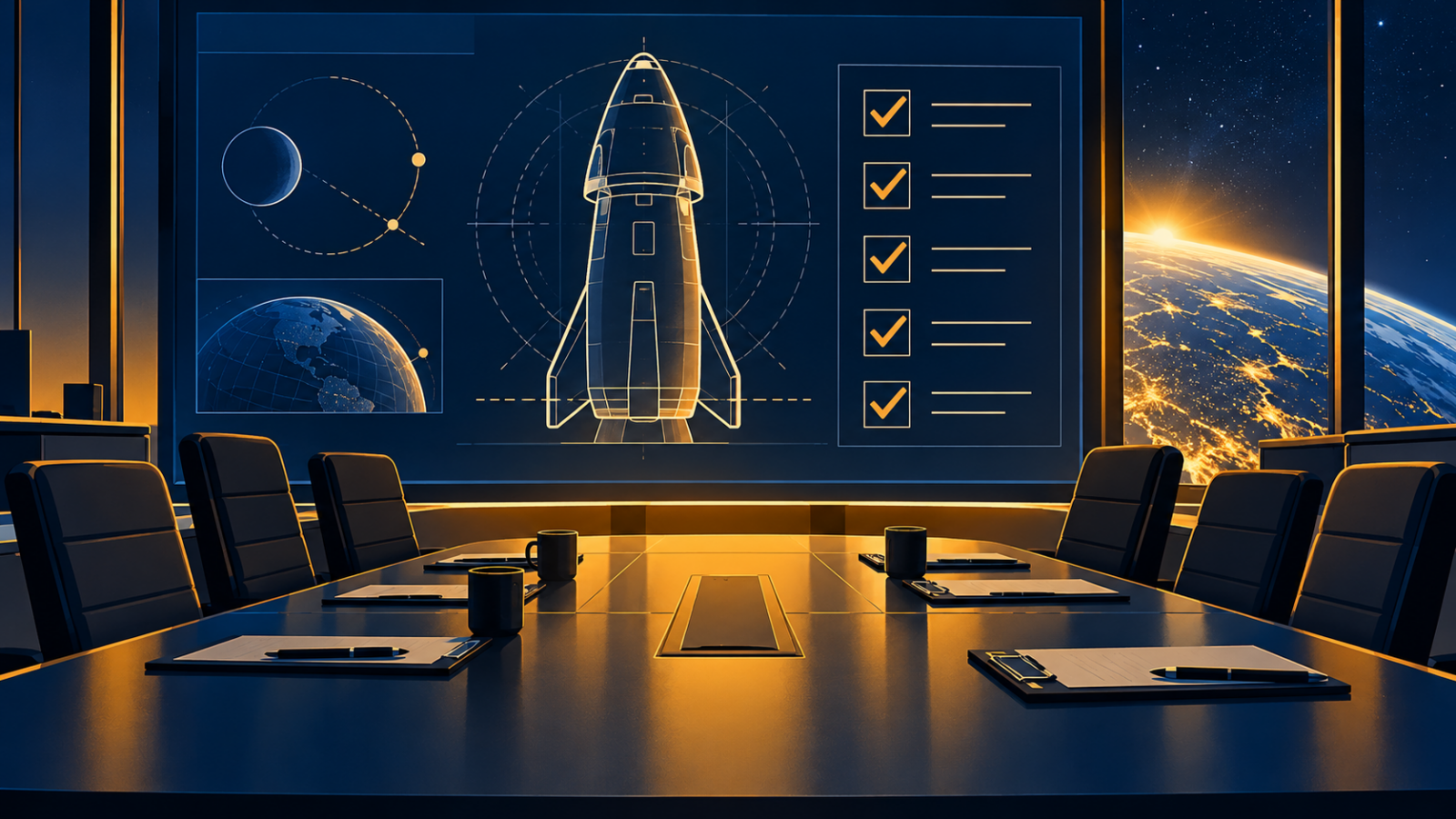 Conceptual illustration of a spacecraft and engineering review materials at a conference table.