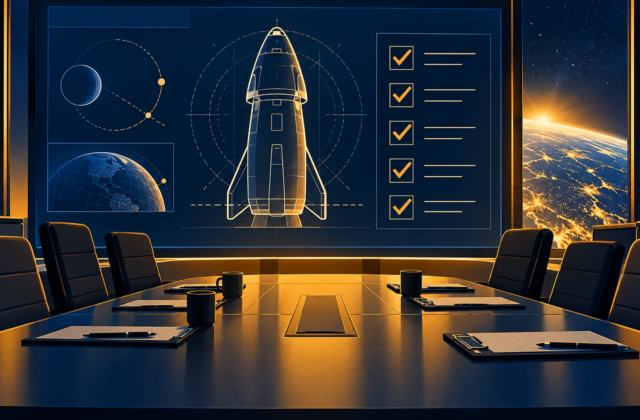 Conceptual illustration of a spacecraft and engineering review materials at a conference table.