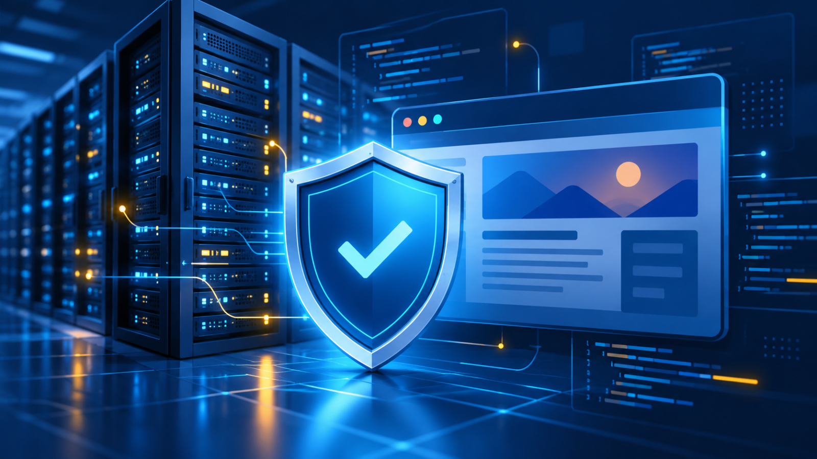 Illustration of a shield protecting a web browser and server racks.