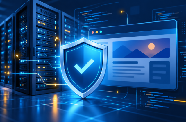 Illustration of a shield protecting a web browser and server racks.