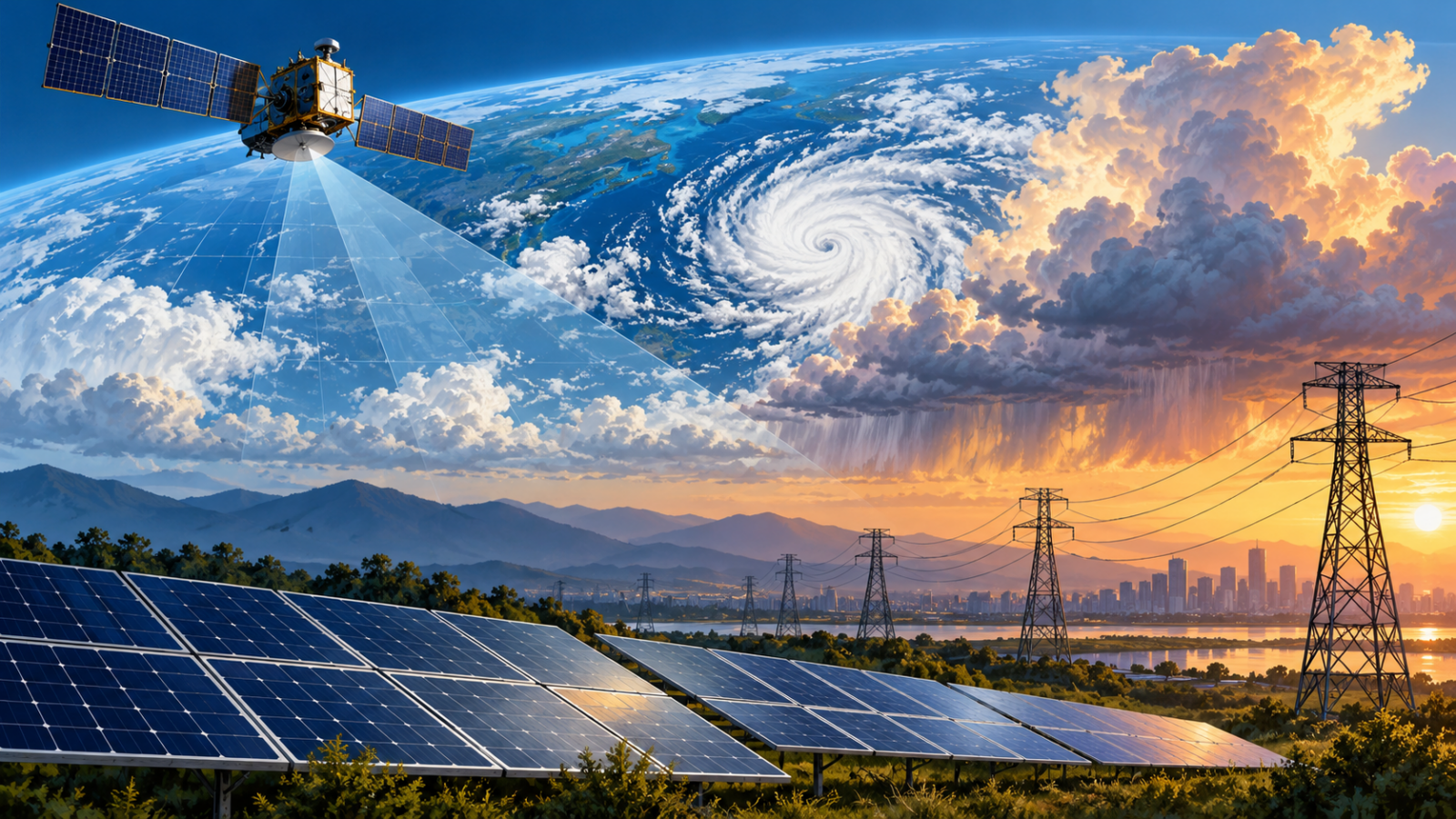 Illustrated solar panels, power lines, clouds and a weather satellite.