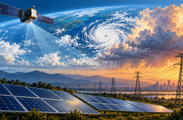 Illustrated solar panels, power lines, clouds and a weather satellite.
