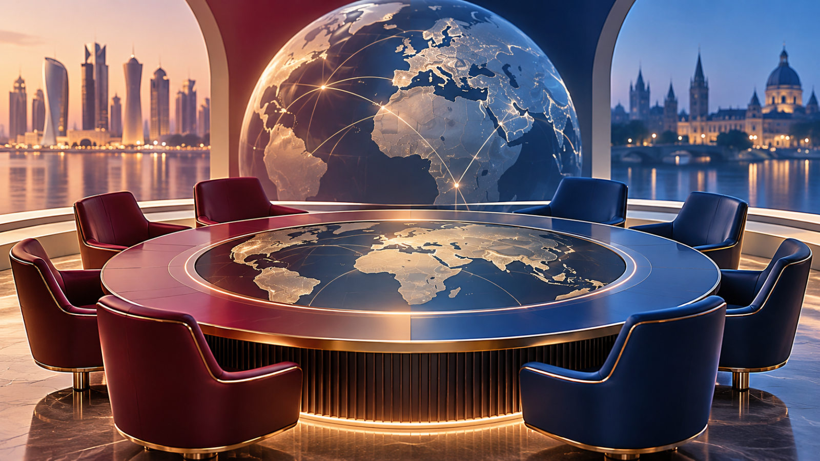 Conceptual illustration of a diplomatic conference table connecting world regions.