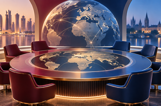 Conceptual illustration of a diplomatic conference table connecting world regions.