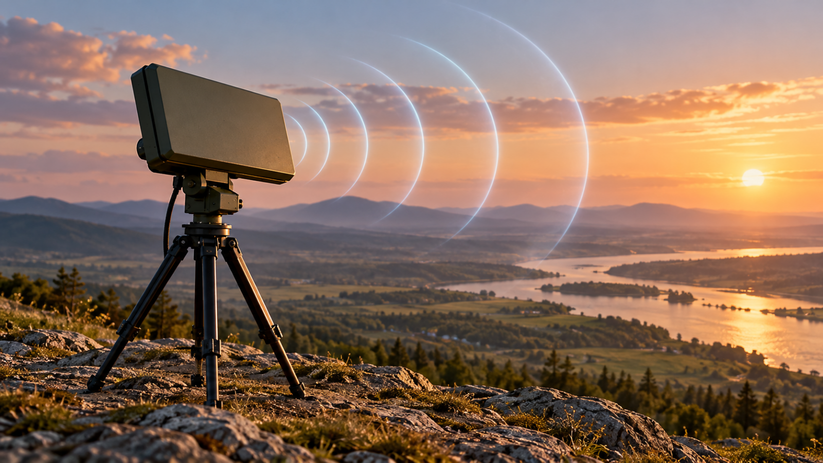 Conceptual illustration of a compact ground radar antenna with abstract detection arcs.