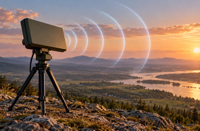 Conceptual illustration of a compact ground radar antenna with abstract detection arcs.