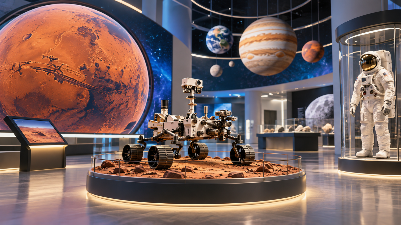 Conceptual illustration of a science exhibition with a rover and astronaut display.