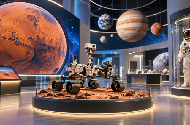 Conceptual illustration of a science exhibition with a rover and astronaut display.