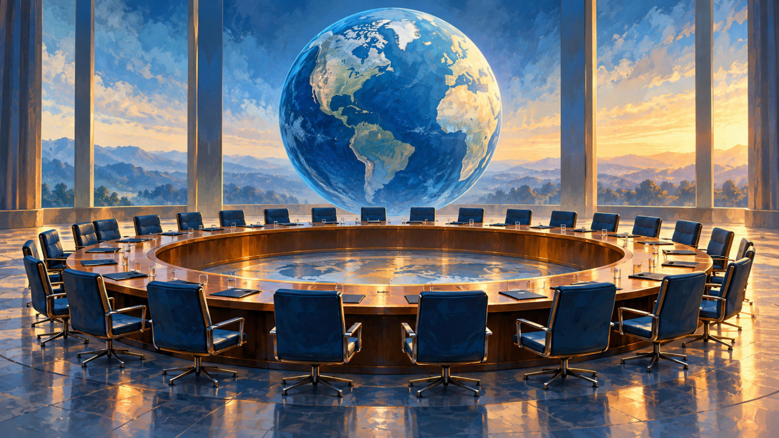 Conceptual international meeting table beneath a blue globe.