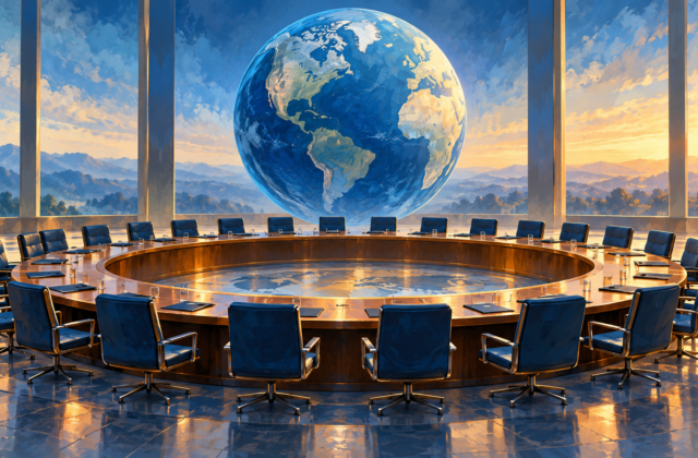 Conceptual international meeting table beneath a blue globe.